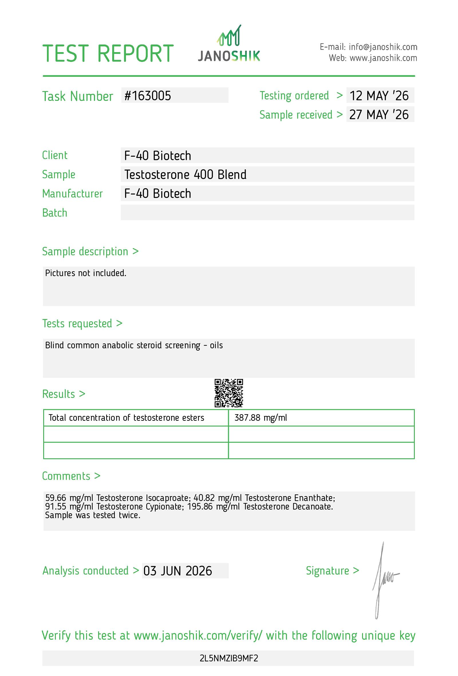 Test Report #163005 TEST 400mg/mL - MCT Oil - 10mL Vial