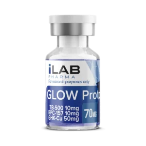 Glow Protocol 70 peptide stack with BPC-157, TB-500 and GHK-Cu vials and lab analysis documentation
