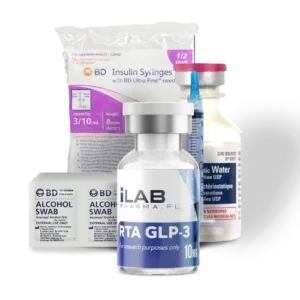 GLP-3 RTA 10mg complete research kit with peptide vial, bacteriostatic water, syringes, and sterile wipes in Canada
