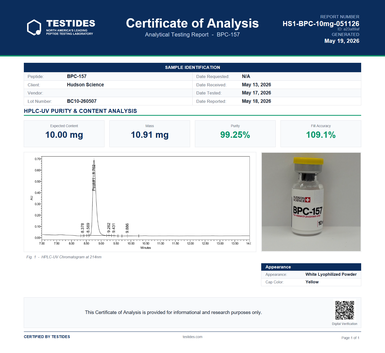 BPC 10 (10.91MG BC10-260507) BPC-157 - 10mg