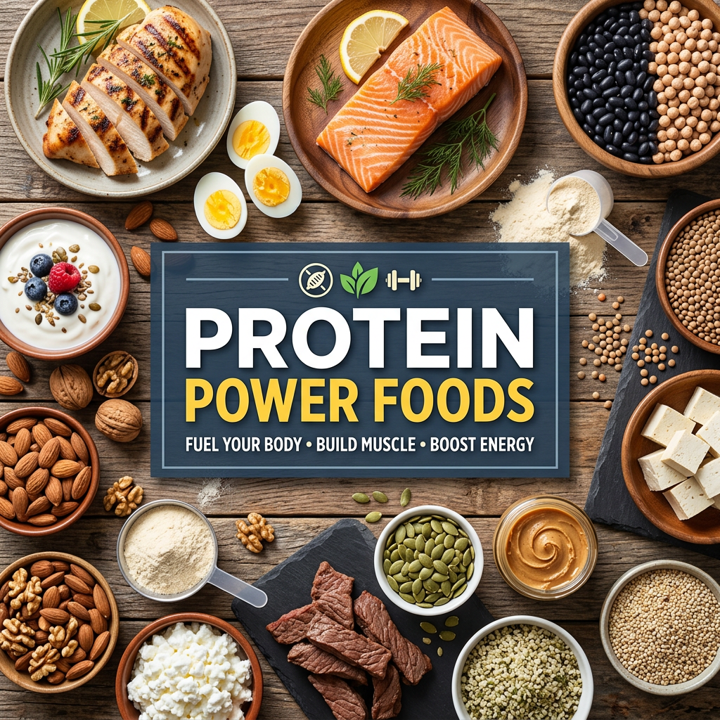 Various high-protein foods including chicken, salmon, eggs, nuts, seeds, yogurt, tofu, beef, and peanut butter surrounding a sign reading Protein Power Foods