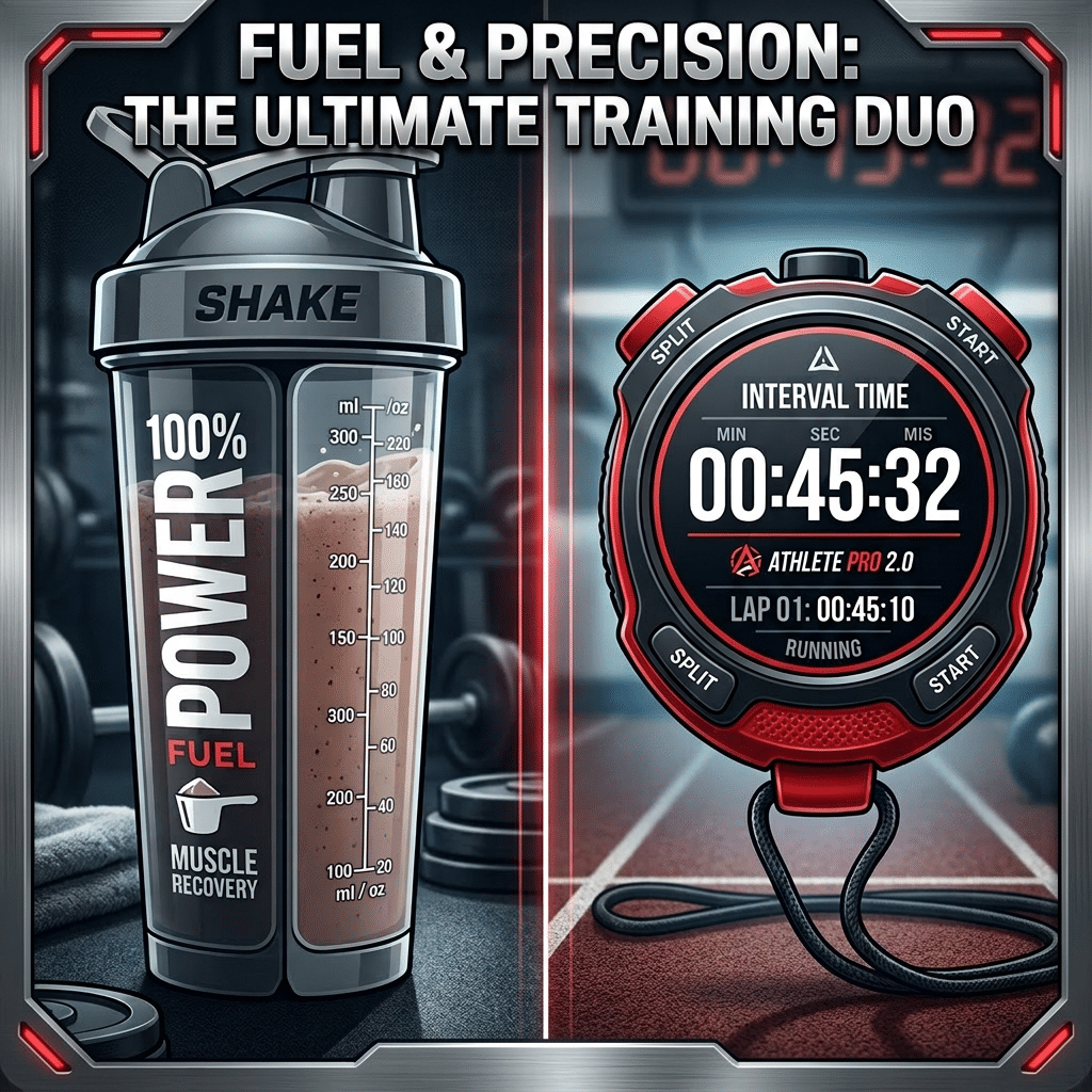 Protein shake bottle labeled power fuel next to stopwatch showing 45 minutes 32 seconds interval time