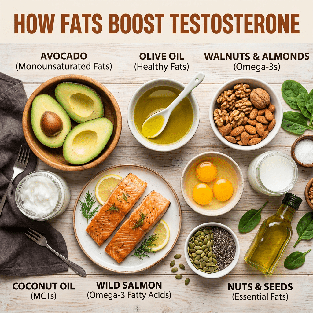 Avocado, olive oil, walnuts, almonds, coconut oil, wild salmon, eggs, nuts, and seeds arranged on a table.